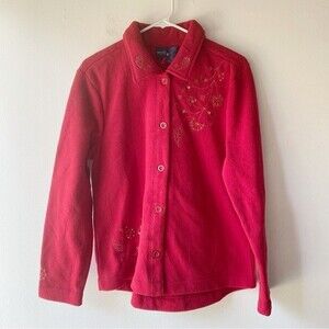 basic editions red embellished fleece button up top new